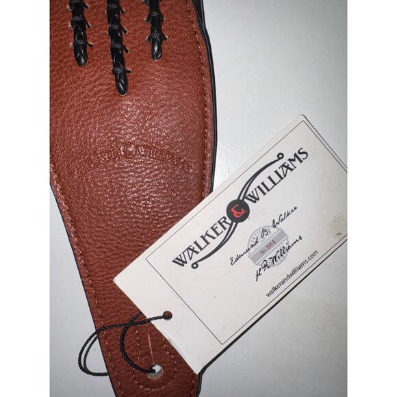 NEW Walker & Williams Chestnut Brown Leather Guitar Strap Black Bolo Tie Lacing - Picture 5 of 6